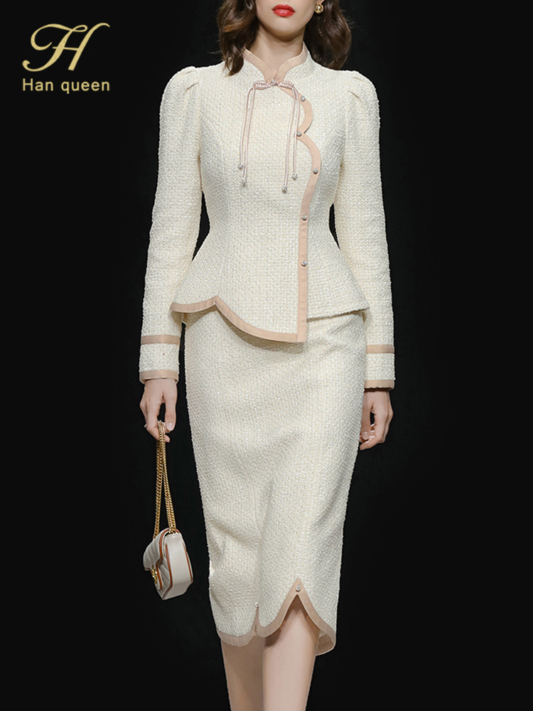 Two Piece Dress H Han Queen Women Autumn Winter Casual Tweed 2 Pieces Set Vintage Stand Tops Pencil Skirt Korean Elegance Simple Suit