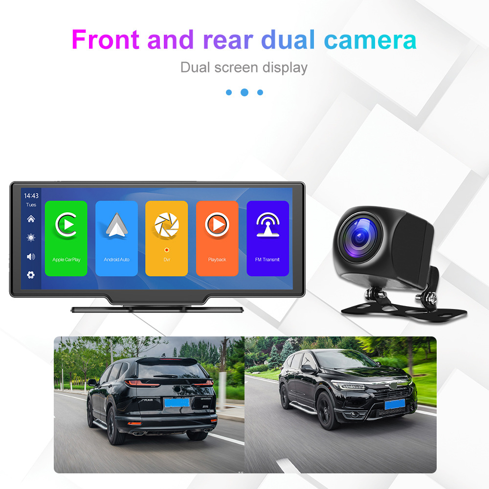 HD Touch 10.26 Car CarPlay & Android Auto Video Monitor Navigation, Mirror Link, 64GB DVR, 1080p Front & Rearview Vehicle Cameras