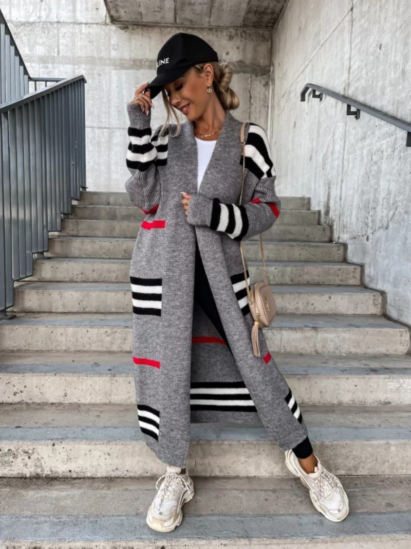 Women's Knits Tees Autumn Winter Women Stripe Sweater Cardigan Solid Color Long Sleeve Casual Streetwear Sexy Knitting Open Tops 221123