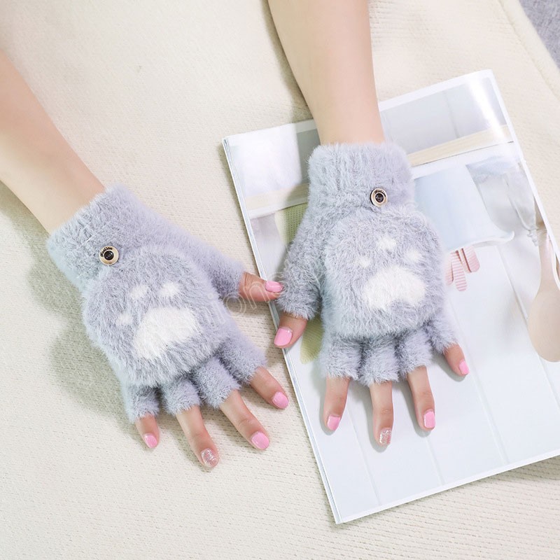 Warm Soft Rabbit Fur Knit Mittens Women Flip Half Finger Plush Thick Cute Cartoon Cat Claw Touch Screen Driving Gloves
