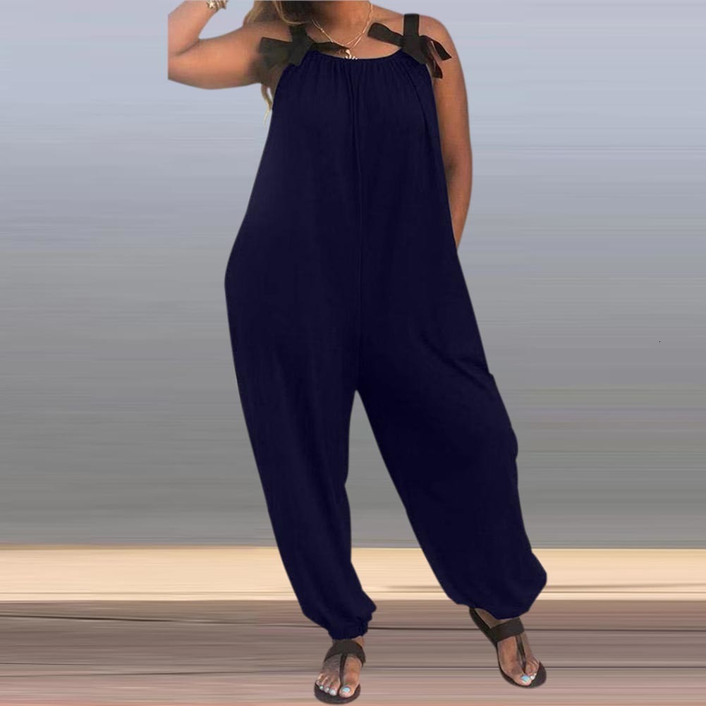 Women's Jumpsuits Rompers Casual Loose Women Solid Color Bow Strap Sleeveless Jumpsuit Long Pants Romper Women's Bib Sweet Wide Leg Romper 2