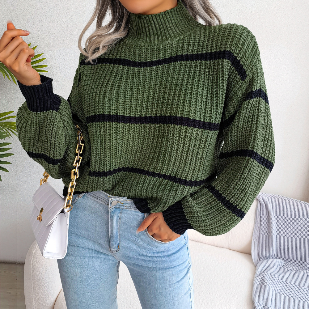 Women's Sweaters Women Fall Winter Casual Striped Lantern Sleeve Turtleneck Knit Sweater For Ladies Loose Fashion Chic Tops 221123