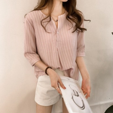Women's Jumpsuits Rompers Arc Neckline Vertical Stripe Elegant Women Blouse Large Size Threequarter Sleeve Show Collarbone Loose Slim Women Strip