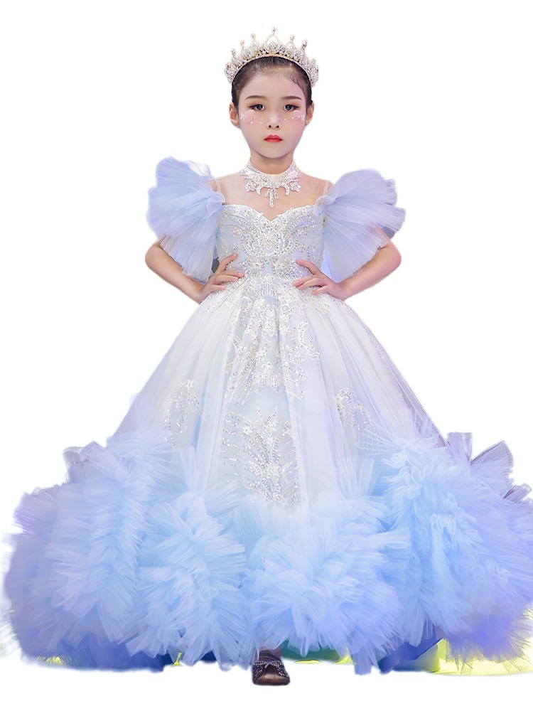 Lovely Lace Flower Girl Dress Bows Children's First Communion Dress crystal sequined Princess Formal Tulle Ball Gown Wedding Party gowns