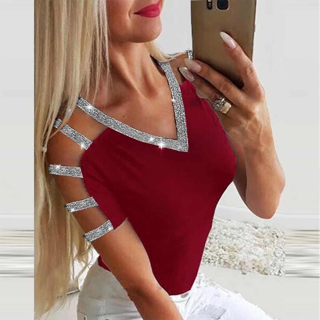 Women's Jumpsuits Rompers Women Sequins Blouse V Neck Sexy Hollow Out Blouses Summer Fashion Short Sleeve Shirt Top Female Casual Glitter Tunic T