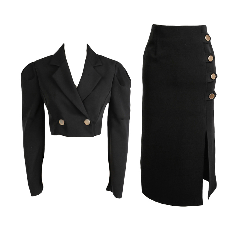Two Piece Dress Spring Autumn Black 2 Pieces Set Women Lady Chic Temperament Formal Casual Short Cropped Coat High Waist Skirt Slim Outfit Suits 22112