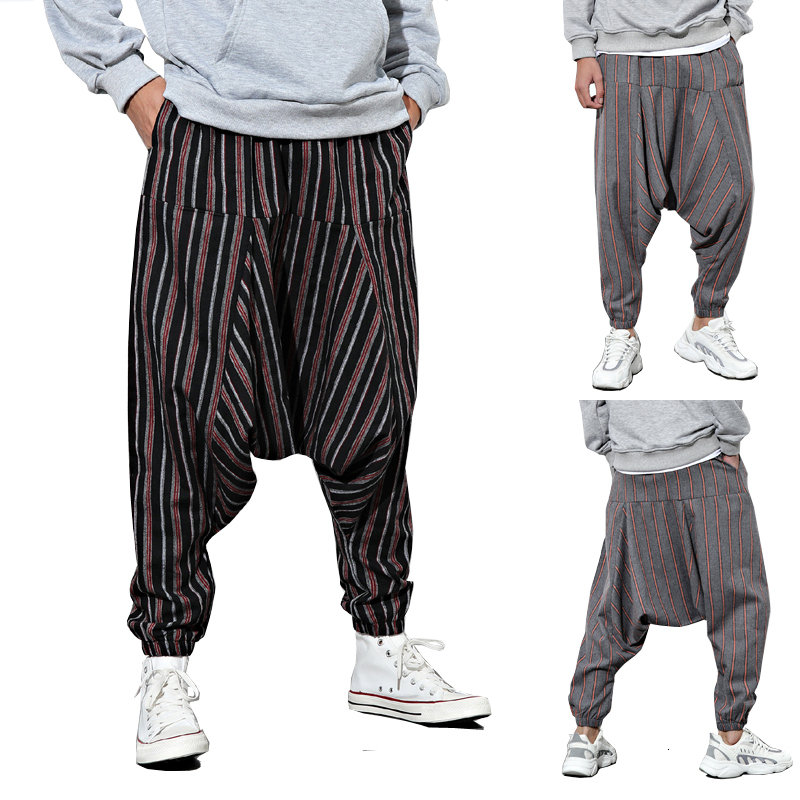 Men's Tracksuits Men Striped Pants Summer Drop Crotch Loose Vintage Boho Trousers Male Cotton Harem Hip Hop Streetwear Wide Leg 221122