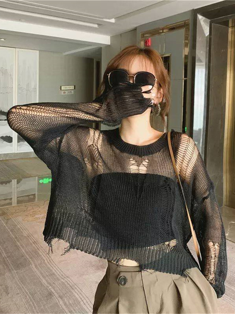 Women's Sweaters Spring Summer Knitted Women Pullover Jumper Hollow Out Autumn Long Sleeve O-Neck Female Casual Ladies Short Top 221123