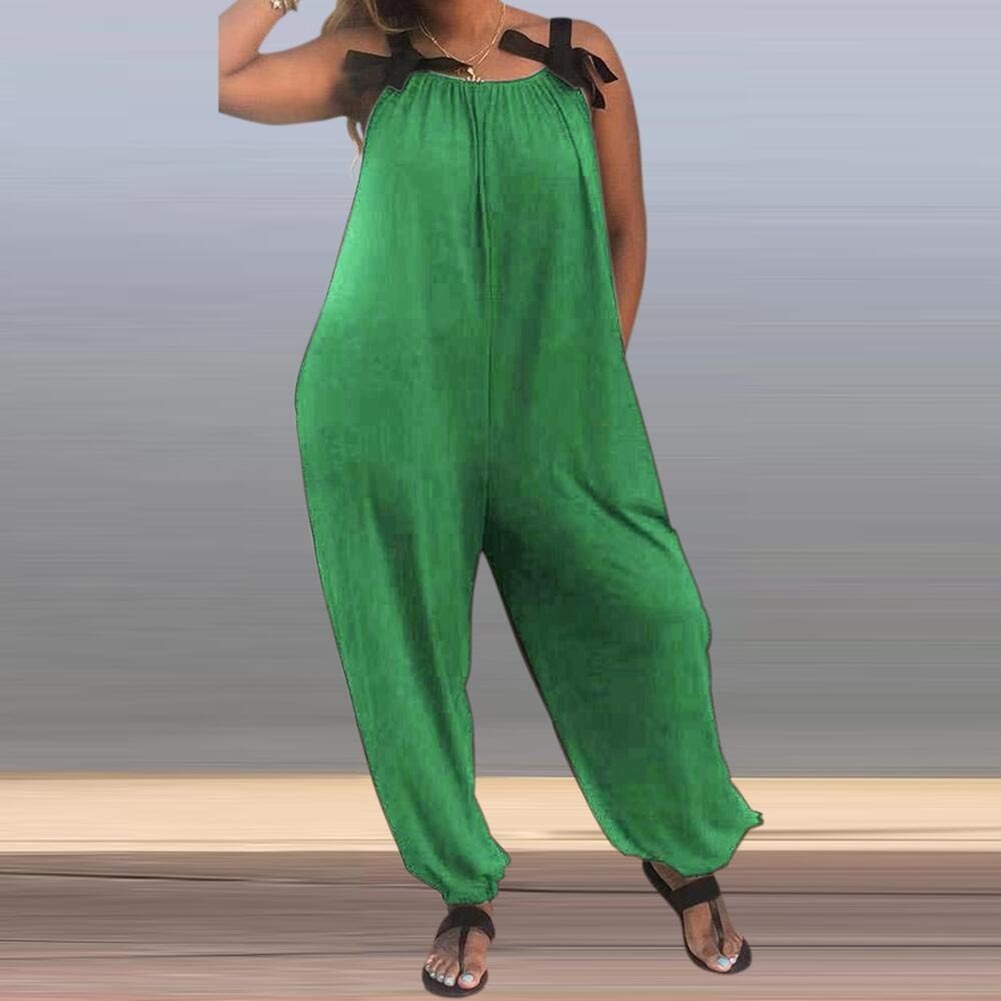 Women's Jumpsuits Rompers Casual Loose Women Solid Color Bow Strap Sleeveless Jumpsuit Long Pants Romper Women's Bib Sweet Wide Leg Romper 2