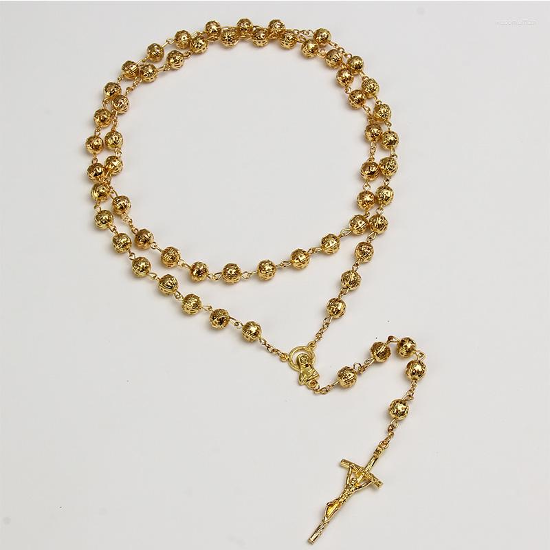 Pendant Necklaces 8mm Hollow Golden Catholic Color Rosary Prayer Chain Cross Necklace Long Men And Women