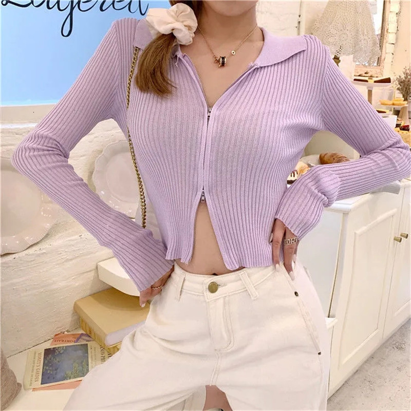 Women's Knits Tees Sexy Double Zipper Cardigan Women Autumn Long Sleeve Stretch Ribbed Knitted Sweater Female White Jumper Blusa De Frio Feminina