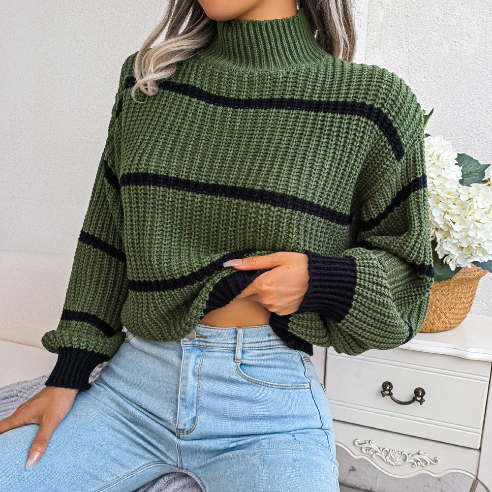 Women's Sweaters Women Fall Winter Casual Striped Lantern Sleeve Turtleneck Knit Sweater For Ladies Loose Fashion Chic Tops 221123