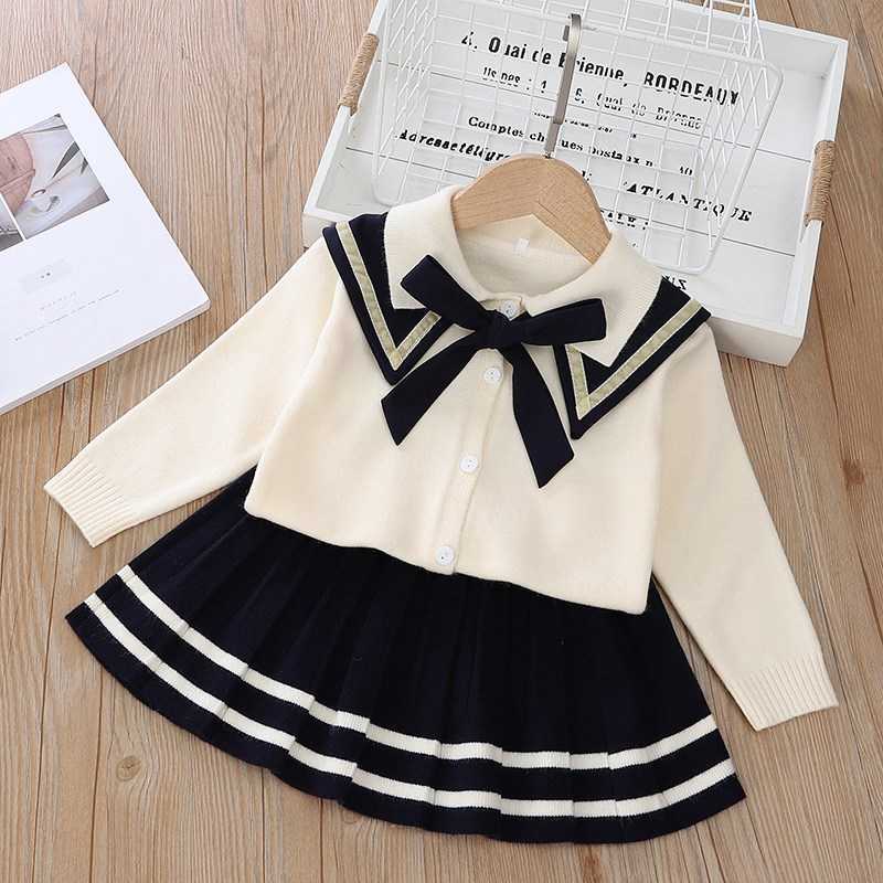 Clothing Sets Preppy Autumn Knitwear Girl pcs Clothes Set Baby Pullover Bowtie SweaterPleated Skirt Kids Children Student Wear S Y2211