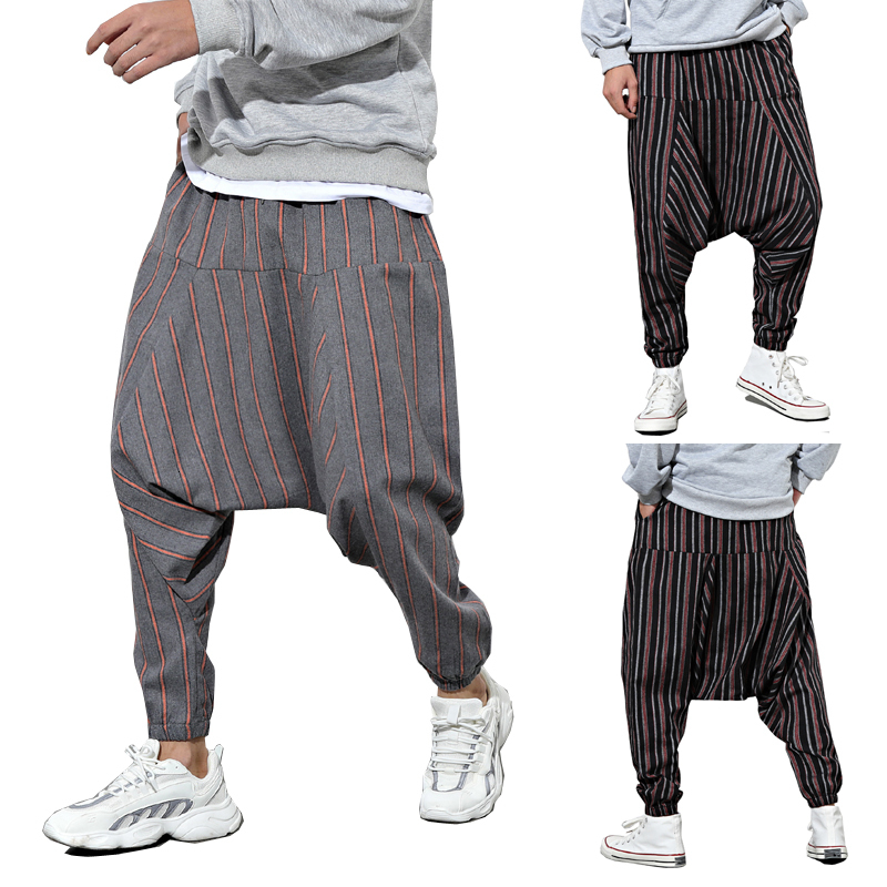 Men's Tracksuits Men Striped Pants Summer Drop Crotch Loose Vintage Boho Trousers Male Cotton Harem Hip Hop Streetwear Wide Leg 221122