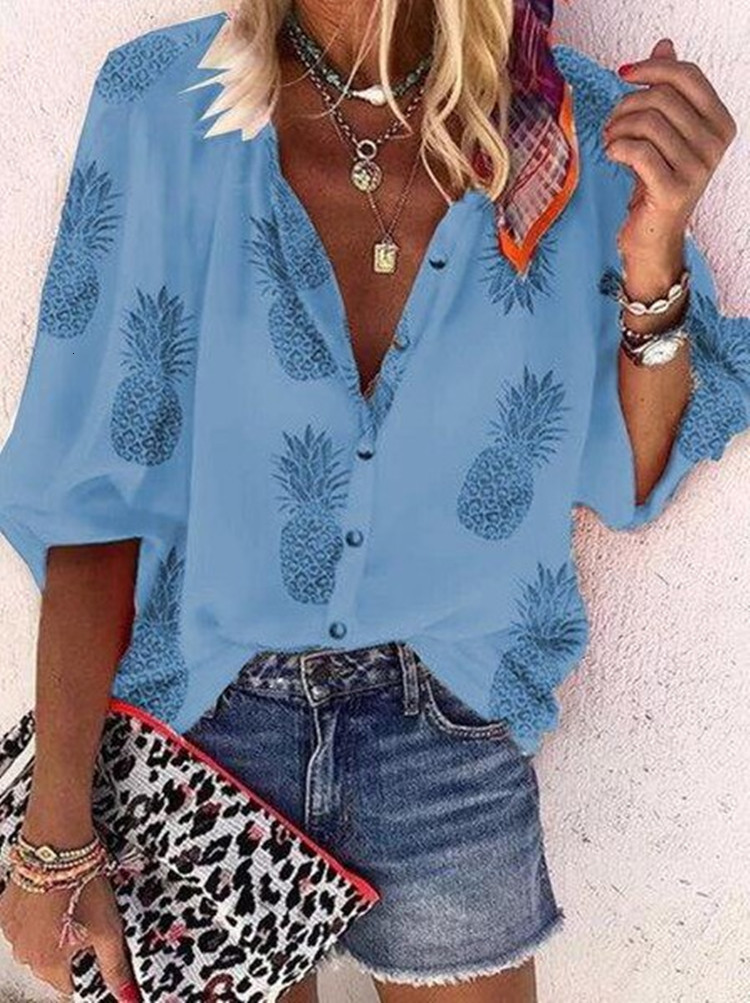 Women's Jumpsuits Rompers Casual Pineapple Print Office Blouses Women Autumn Lapel ladies shirts Fashion Button Access control Female WHITE Tops 