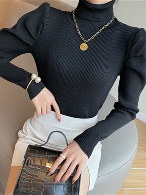 Women's Sweaters Vintage Puff Long Sleeve Turtleneck Knitted Sweater Pullovers Girls Solid Stretchy Streetwear Winter Thick Tops Jumpers Women 22
