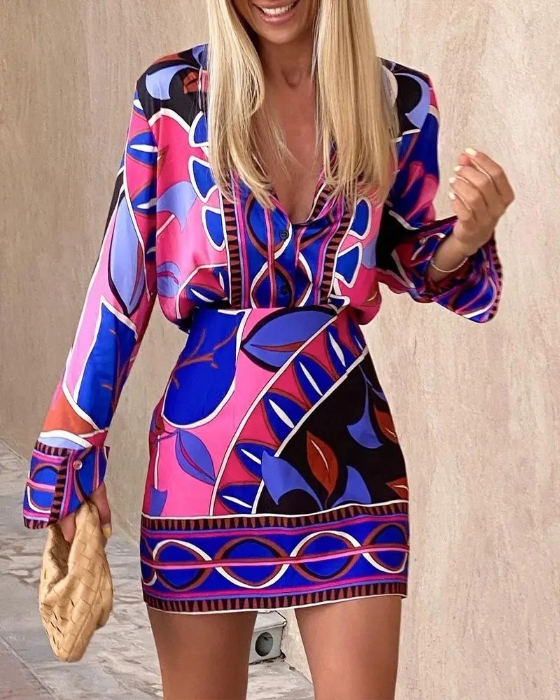 Two Piece Dress Autumn Women Geo Print Long Sleeve Button Down Shirt Mini Skirt Set Fashion Femme Pieces Office Lady 221122