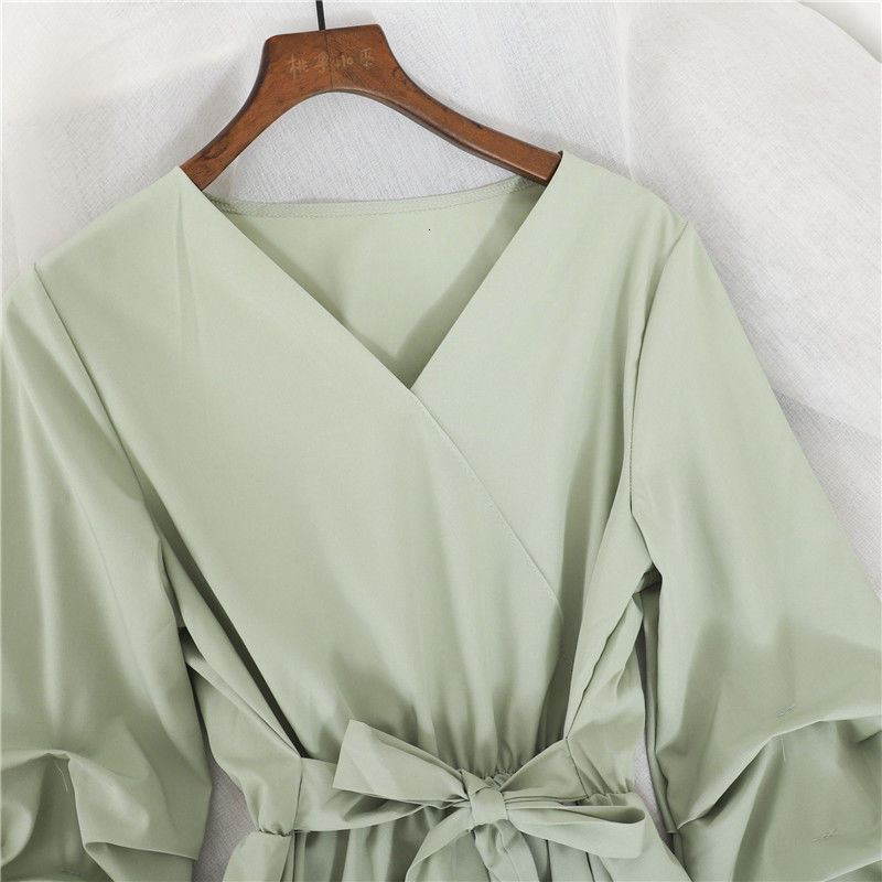 Women's Jumpsuits Rompers Korean Sweet Bow LaceUp VNeck Blouses Women Elegant Pleated Lantern Long Sleeve Shirt Chic Elastic Waist Slim Pullover 