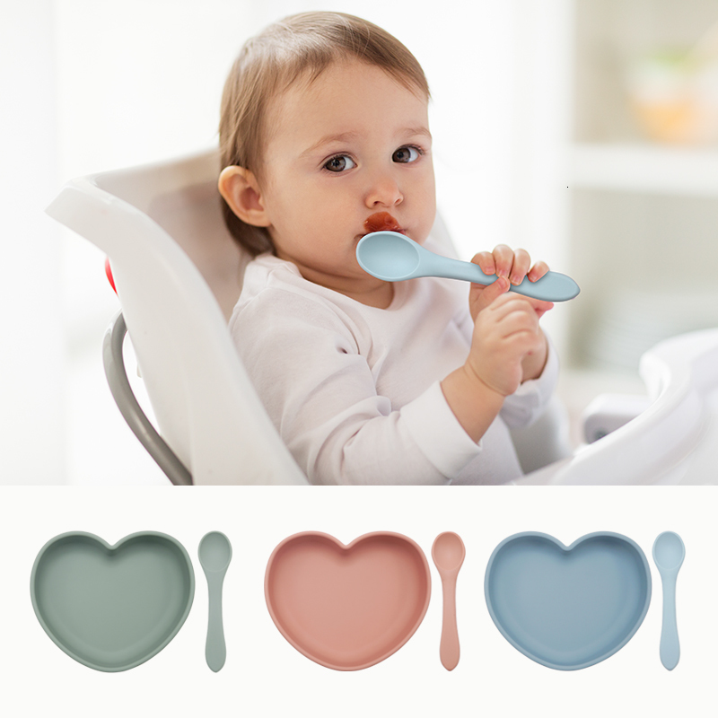 Cups Dishes Utensils Heart Shape Dinnerware Silicone Cookware Plate For Food Feeding BPA Free Dining Appliance Training Spoon Tableware Baby Stuff 221