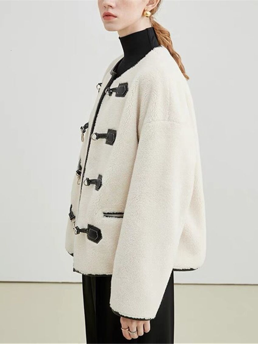 Women's Fur Faux Women O-Neck Coat Ladies Loose Long Sleeve Metal Buttons Outwear Female Jacket Tops 221123