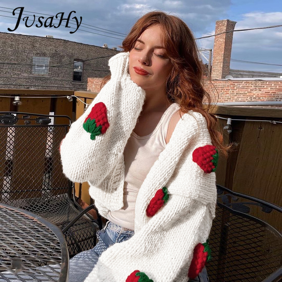 Women's Knits Tees JuSaHy Elegant Strawberry Decoration Christmas Cardigan Sweaters for Women Girls' Single Breasted Loose V-Neck Coat Cloth