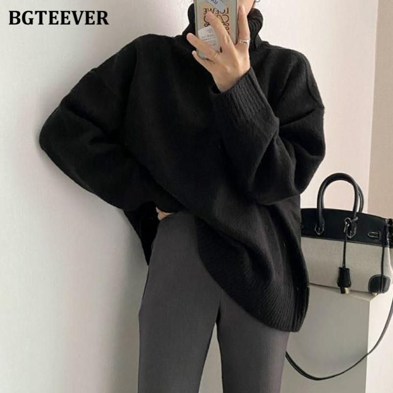 Women's Sweaters BGTEEVER Elegant Solid Turtleneck for Women Casual Long Sleeve Front Split Female Knitted Pullovers Autumn Winter 221123