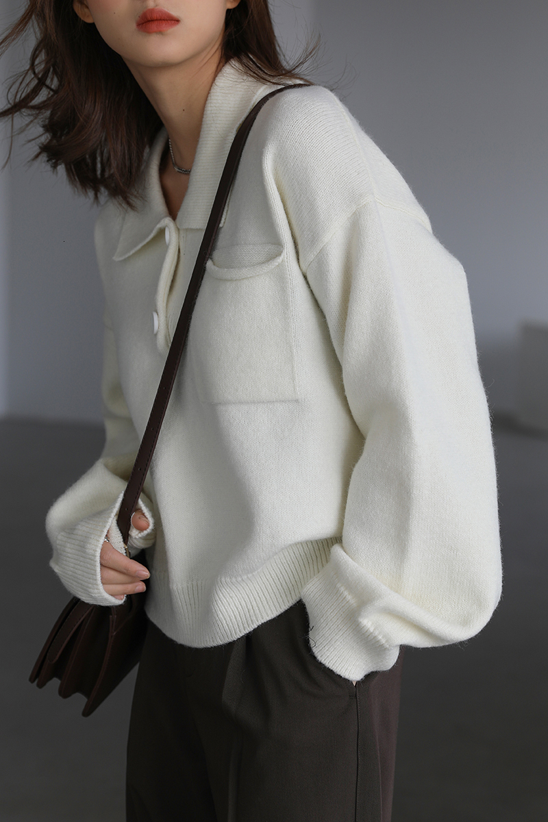 Women's Sweaters CHIC VEN Fashion Vintage Polo Collar Short Sweater Solid Straight White Jumpers Office Lady Pullovers Spring Autumn 221123