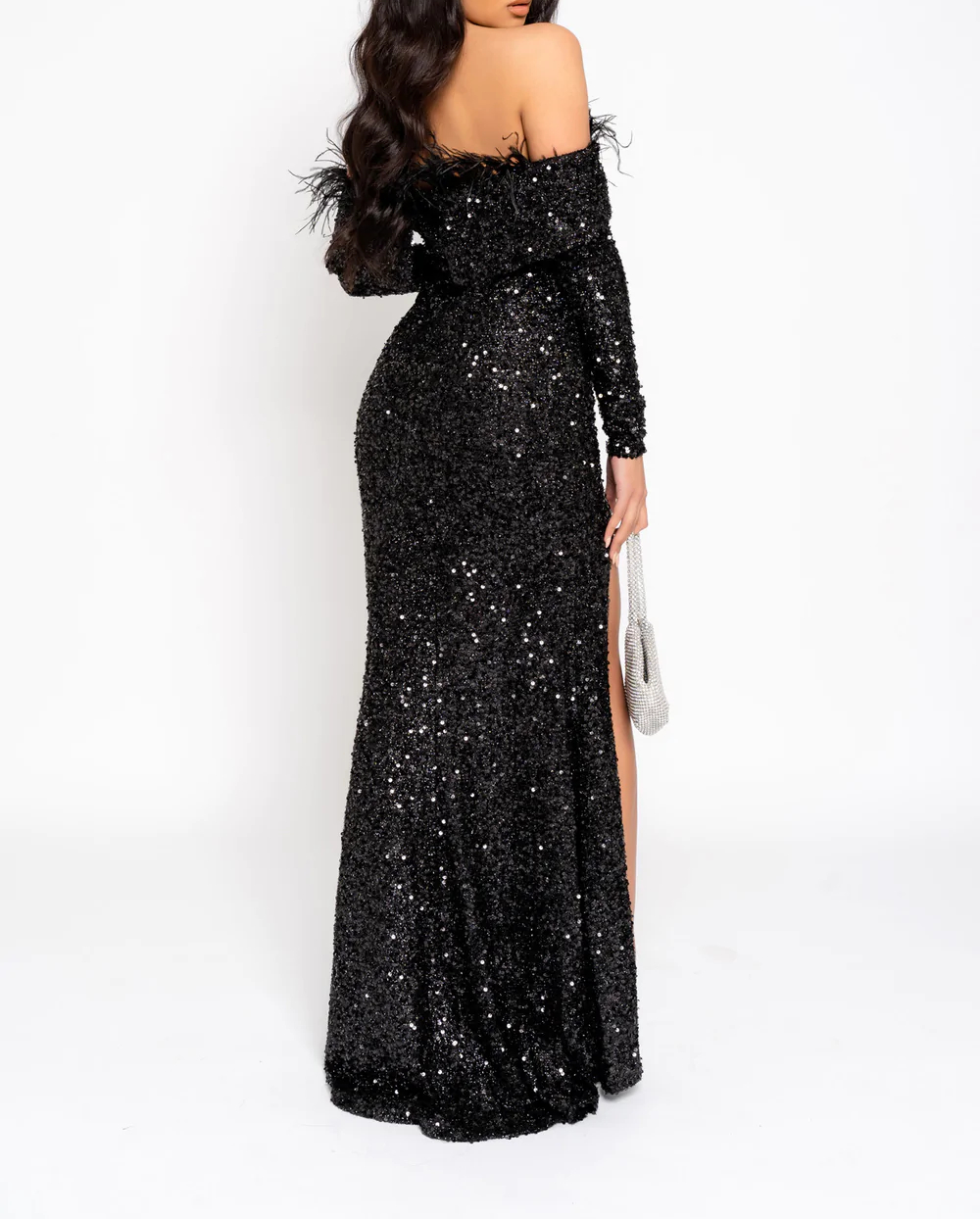 Sexy Black Sequined Prom Dresses Feather Long Sleeve Off The Shoulder Side High Split Long Sheath Special Occasion Gowns Glitter Evening Dress For Wom