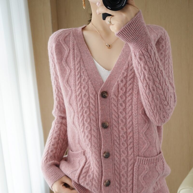 Women's Knits Tees Fashion V-Neck Pockets All-match Casual Knitted Sweaters Clothing Autumn Solid Color Loose Korean Cardigan Coat 221123