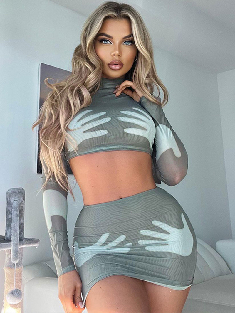 Two Piece Dress Y2K Two 2 Piece Sets Womens Outfits Autumn Clothing Sexy Hand Shape Print Crop Top Mini Skirt Sets INS 2Piece Women Dress Sets 221123