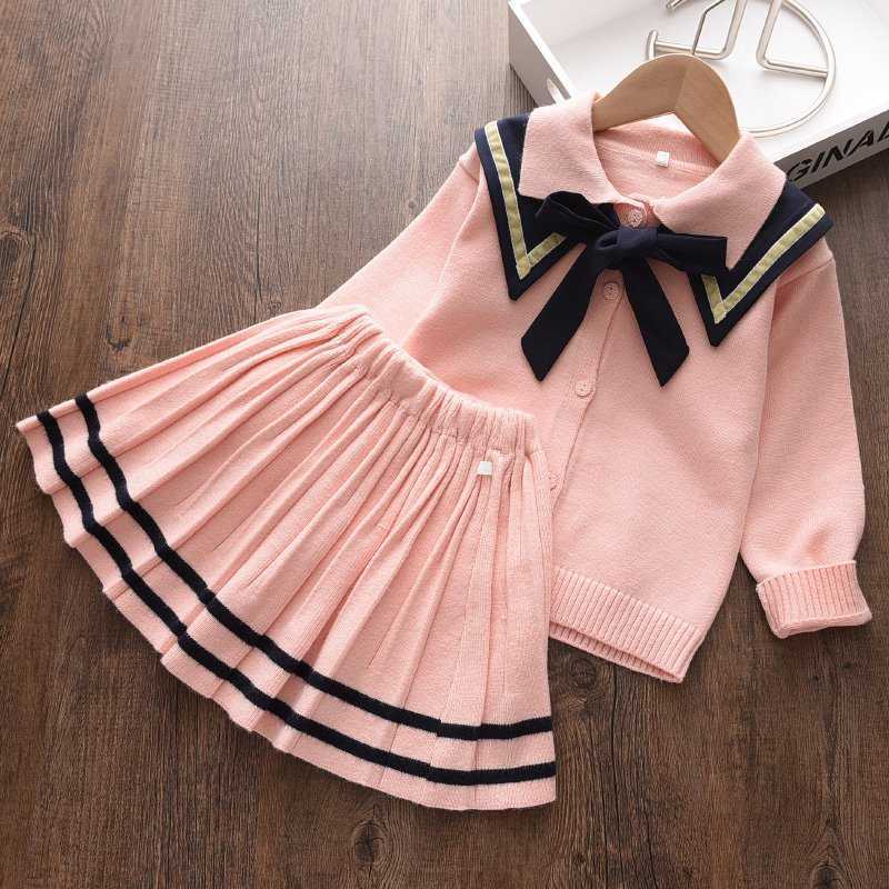 Clothing Sets Preppy Autumn Knitwear Girl pcs Clothes Set Baby Pullover Bowtie SweaterPleated Skirt Kids Children Student Wear S Y2211