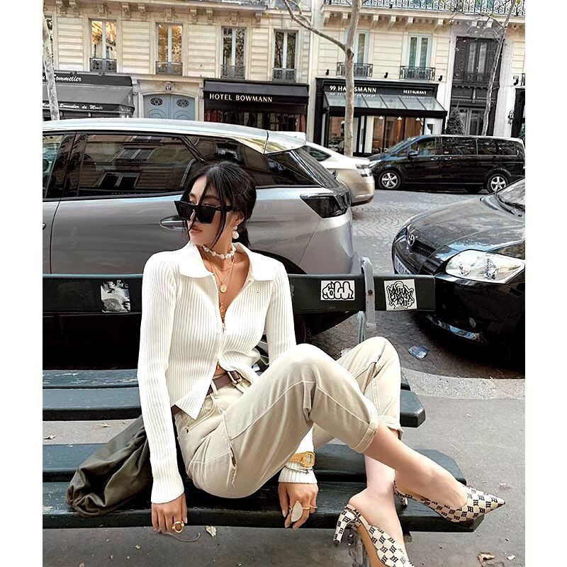 Women's Knits Tees Sexy Double Zipper Cardigan Women Autumn Long Sleeve Stretch Ribbed Knitted Sweater Female White Jumper Blusa De Frio Feminina