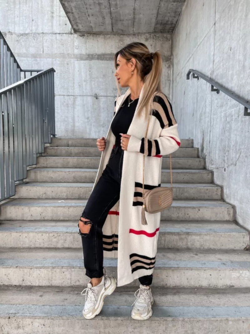 Women's Knits Tees Autumn Winter Women Stripe Sweater Cardigan Solid Color Long Sleeve Casual Streetwear Sexy Knitting Open Tops 221123