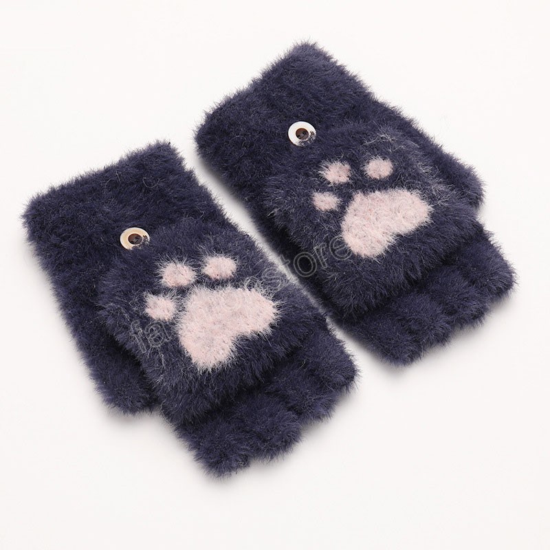Warm Soft Rabbit Fur Knit Mittens Women Flip Half Finger Plush Thick Cute Cartoon Cat Claw Touch Screen Driving Gloves