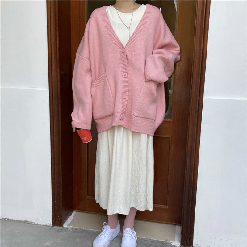 Women's Knits Tees Cardigan Women Spring Vintage Lovely Fashion Korean Simple V-neck Ladies Knitwear Long Sleeve All-match Ins Fall Femme Sweater