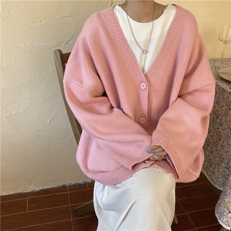 Women's Knits Tees Cardigan Women Spring Vintage Lovely Fashion Korean Simple V-neck Ladies Knitwear Long Sleeve All-match Ins Fall Femme Sweater