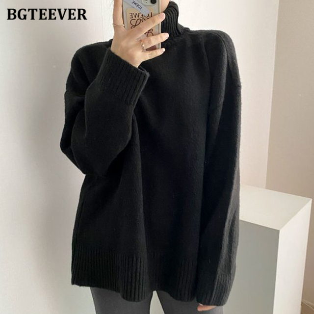 Women's Sweaters BGTEEVER Elegant Solid Turtleneck for Women Casual Long Sleeve Front Split Female Knitted Pullovers Autumn Winter 221123