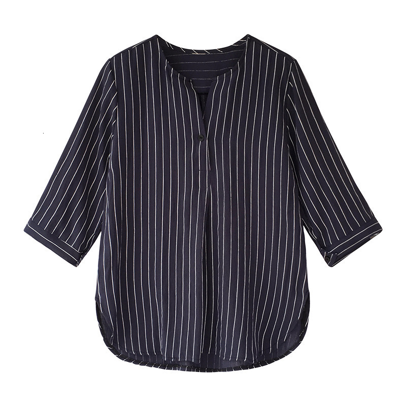 Women's Jumpsuits Rompers Arc Neckline Vertical Stripe Elegant Women Blouse Large Size Threequarter Sleeve Show Collarbone Loose Slim Women Strip