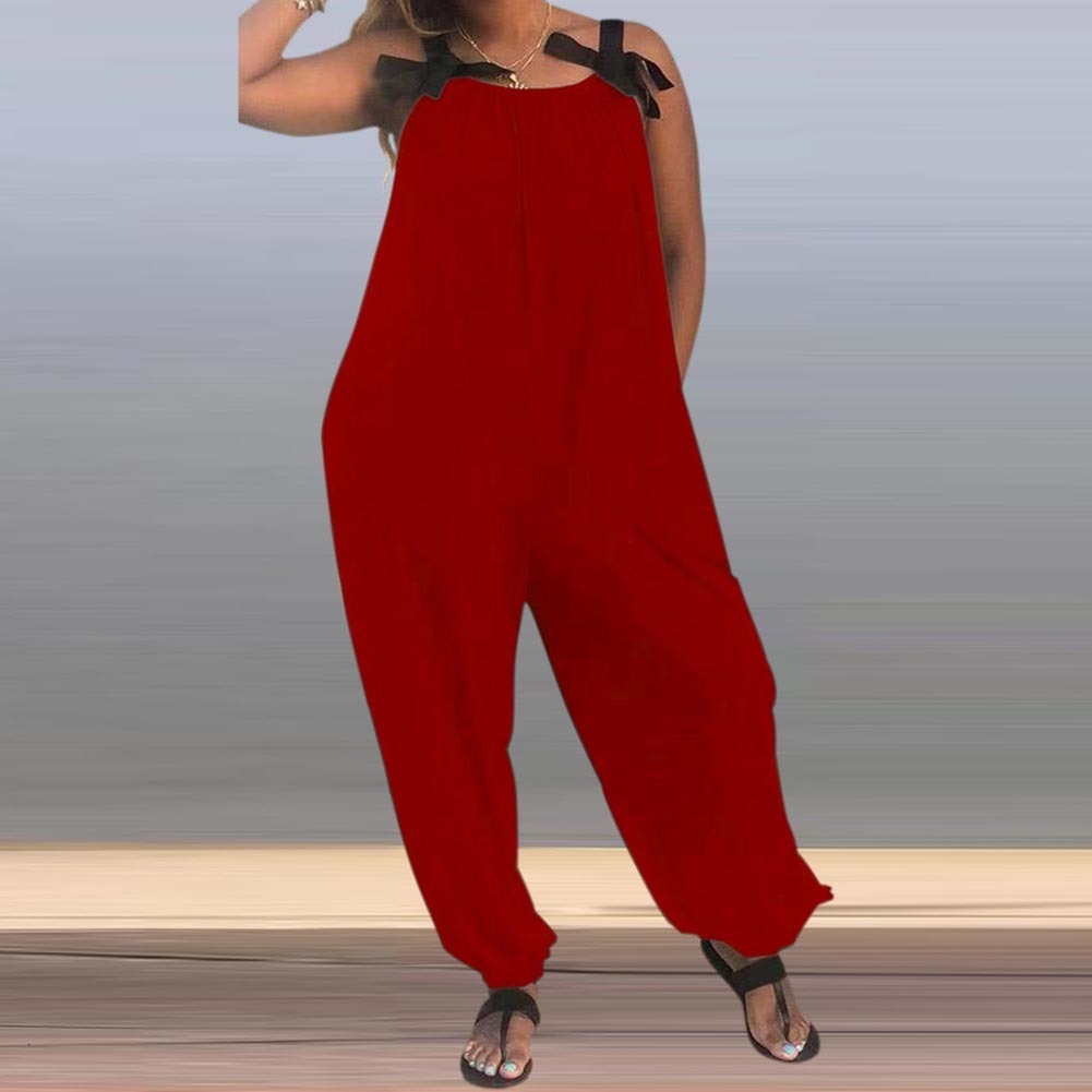 Women's Jumpsuits Rompers Casual Loose Women Solid Color Bow Strap Sleeveless Jumpsuit Long Pants Romper Women's Bib Sweet Wide Leg Romper 2