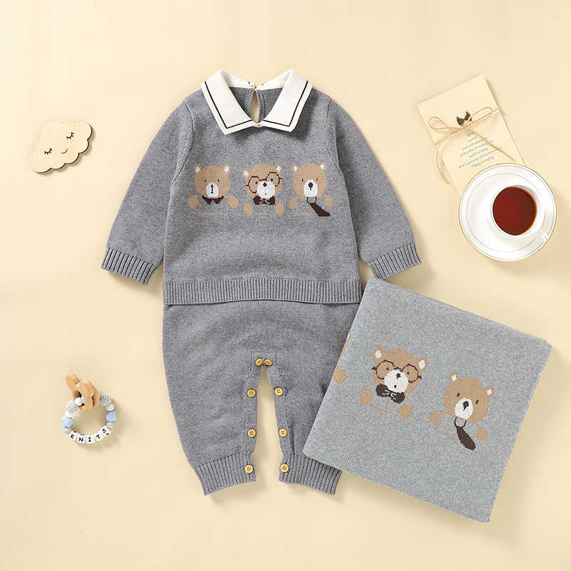 Clothing Sets Newborn Baby Set Cotton Knit Infant Girl Boy Romper Blanket Cute Bears Toddler Long Sleeve Jumpsuit Bedding Quilt Y2211