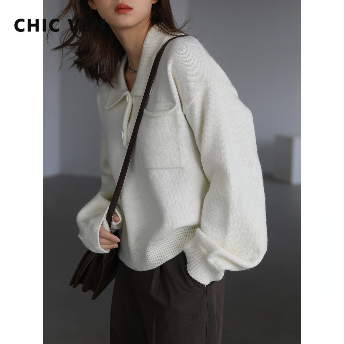 Women's Sweaters CHIC VEN Fashion Vintage Polo Collar Short Sweater Solid Straight White Jumpers Office Lady Pullovers Spring Autumn 221123