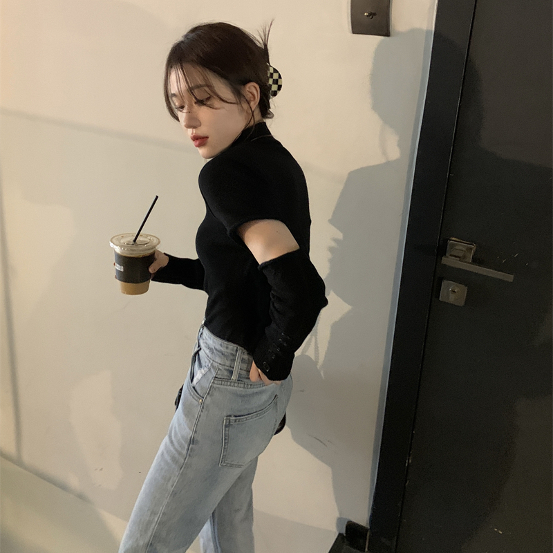 Women's Sweaters Pullovers Woman Spliced Fashion Solid Half High Collar Casual Office Ladies Slim All-match Streetwear Korean Style Simple Autumn