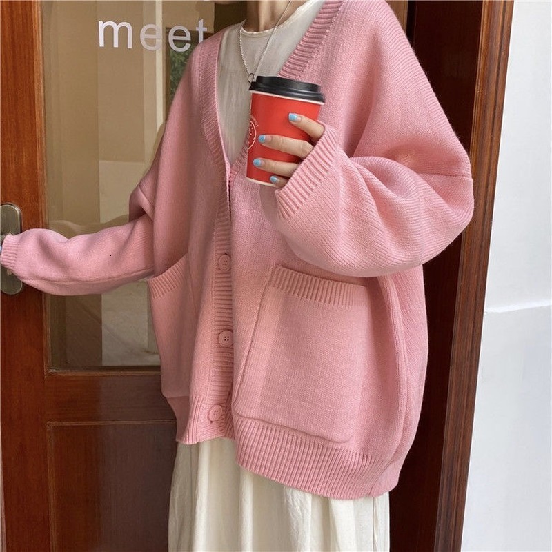Women's Knits Tees Cardigan Women Spring Vintage Lovely Fashion Korean Simple V-neck Ladies Knitwear Long Sleeve All-match Ins Fall Femme Sweater