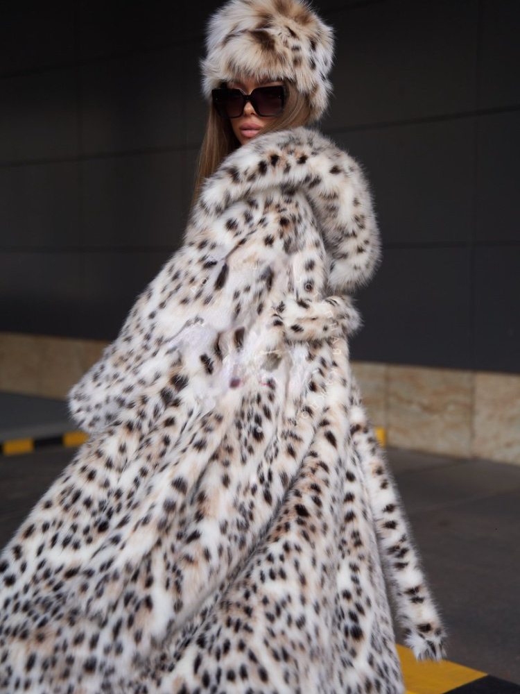 Women's Fur Faux RR1475 X-Long Coats Womens Eco Lynx With a Hood Winter Jackets Woman Length 120cm Coat Female White 221123