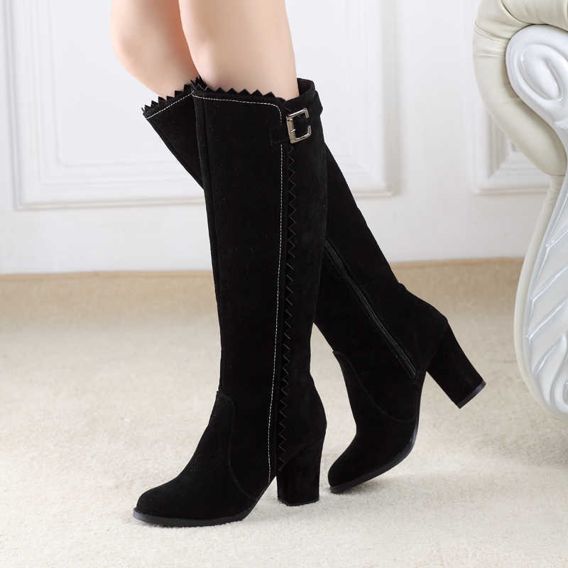 Boots Faxu Suede Knee High Boots Women Shoes Fashion Long Tall Boot Female Block High Heels Flock Brown Autumn Winter Shoes large Size J220923