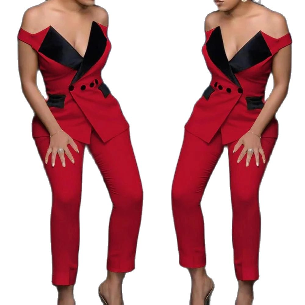 Red Mother of the Bride Suits Off Shoulder 2 Pieces Women Prom Evening Formal Wear Tuxedos Blazer For Wedding
