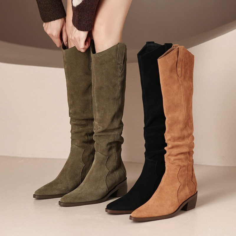 Women Suede Knee New Ladies Solid Pointed Toe Tall Boots Retro Roman High Heels Shoes Female Autumn Winter Long Boot 221123
