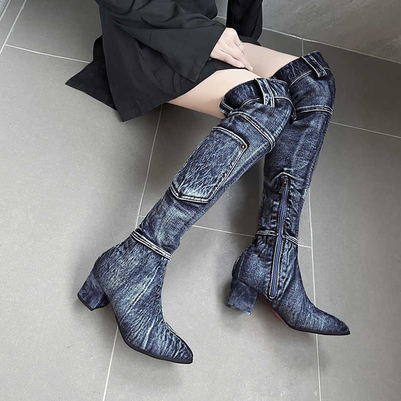 Boots 2022 Sexy Jean Boots Women KneeHigh Boot Zipper 6Cm High Heel Woman Stylish Jeans Boots Ladies denim Boat Female Shoes Cowboy J220923