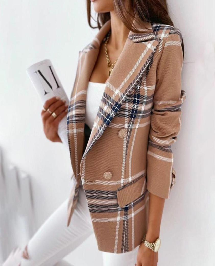 Women039s Suits Blazers Plaid Blazer Jacket Women Spring Autumn Long Sleeve Casual Slim Khaki Woman Coats Fall Elegant Office