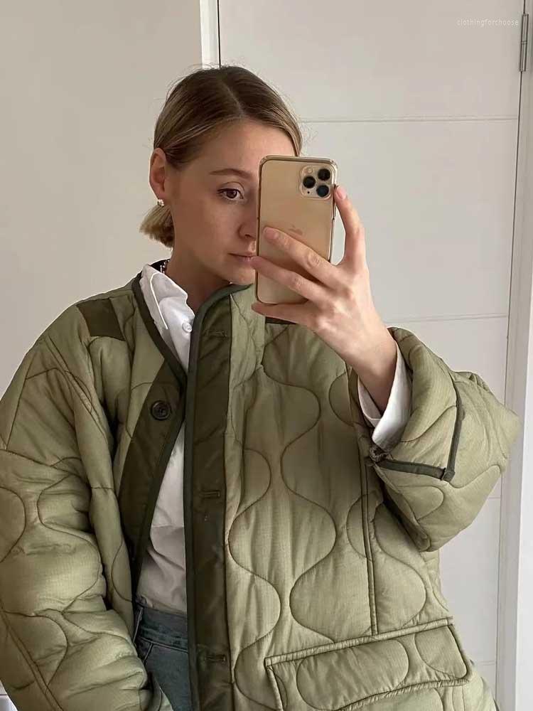 Simple Round-neck Buckle Outerwear Women Autumn Winter Fashion Lazy Style Color-matching cotton-padded jacket Chic Breasted Long Sleeve Jacket